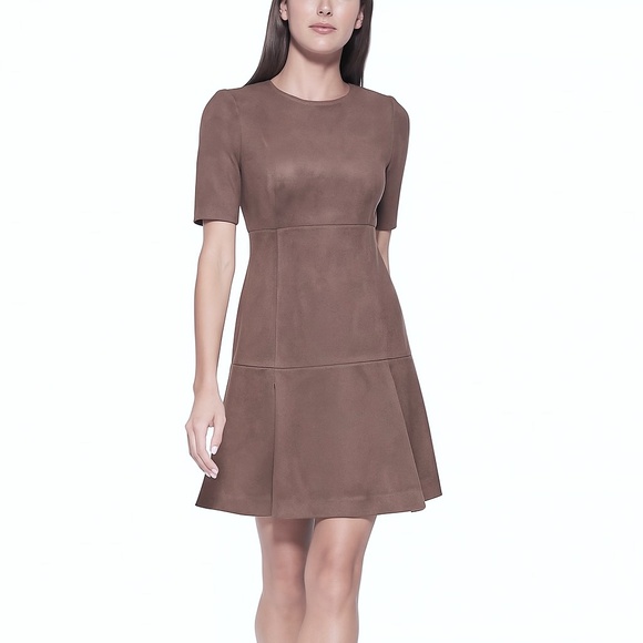 EUC Calvin Klein Faux Suede Fit & Flare Stretch Dress in Taupe Size 10 - Picture 1 of 4